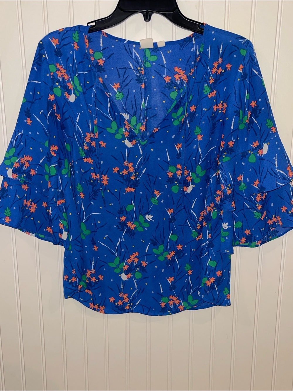 GAP Royal Blue Floral V-Neck Blouse with Flutter Sleeves